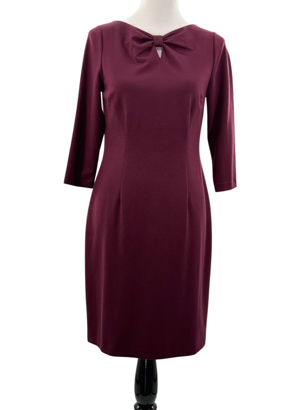 Talbots Petites 4P Burgundy Bow Neck Sheath Dress 3/4 Sleeve Feminine neckline